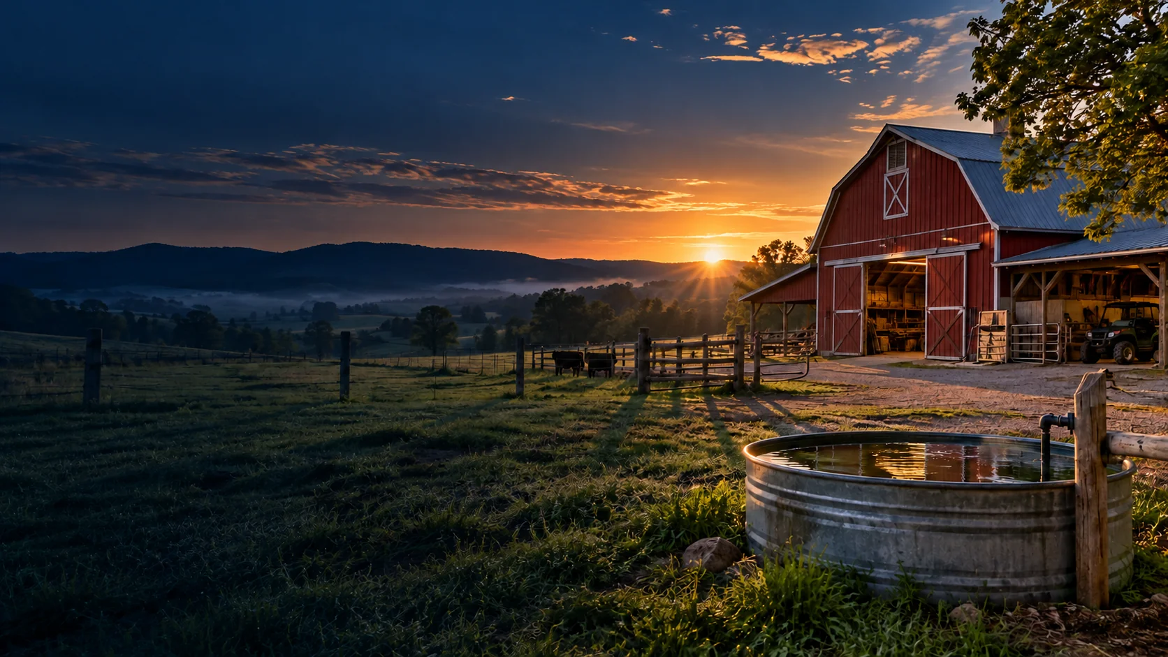 Red barn and water trough at sunrise on a ranch